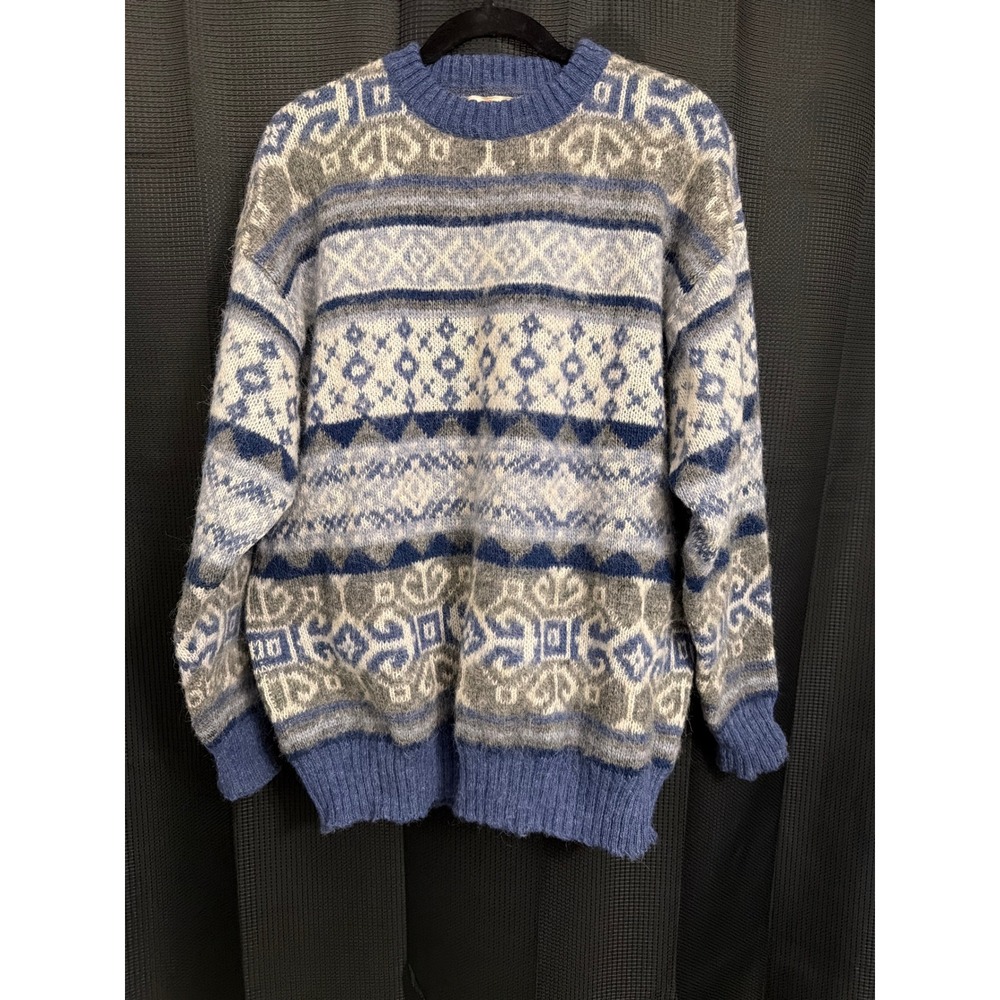 Saga Vintage Pure Virgin Wool Nordic Fair Isle Sweater Mens XL Blue Grey Nordic